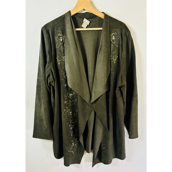 Chico’s Fauxsuede Drape Jacket Hippie Boho Embroidered Green Floral Size 3 XL/16 - Picture 3 of 16